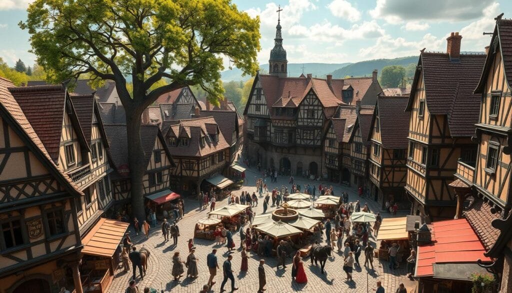 A bustling European city in the 15th century, untouched by the ravages of the Black Death. Cobblestone streets wind through a vibrant landscape of half-timbered buildings, their facades adorned with intricate carvings and vibrant colors. In the central square, a lively market teems with merchants peddling their wares, while citizens go about their daily lives, unencumbered by the specter of pandemic. The air is filled with the sounds of laughter, the clanging of church bells, and the rumble of horse-drawn carriages. Sunlight filters through the leaves of towering oak trees, casting a warm, golden glow over the scene. This idyllic vision of a Europe untouched by the Black Death offers a tantalizing glimpse into an alternate timeline, where the continent's cultural and economic development was left uninterrupted.