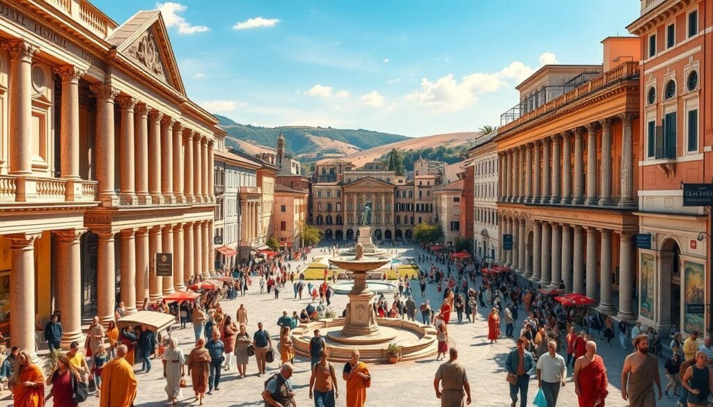 A bustling Roman city street, bathed in warm Mediterranean sunlight, showcases the evolution of urban architecture. Elegant Roman columns support ornate facades, while intricate mosaics and frescoes adorn the buildings. In the foreground, citizens go about their daily lives, their robes and togas reflecting the vibrant colors of the era. The middle ground features a grand public square, with a central fountain and a towering statue of a Roman emperor. In the background, rolling hills and a clear blue sky create a picturesque setting, hinting at the city's prosperous and peaceful existence without the catastrophic eruption of Mount Vesuvius.