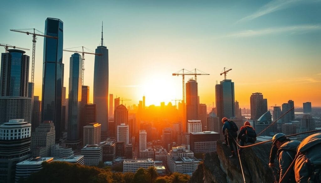 A bustling city skyline with towering skyscrapers and cranes, reflecting the economic impact of adventure tourism. In the foreground, a group of thrill-seekers rappelling down a steep cliff, their adrenaline-fueled activities contributing to the local economy. The middle ground showcases a diverse array of outdoor adventure shops, outfitters, and tour operators, catering to the growing demand for extreme travel experiences. The background is illuminated by a warm, golden sunset, casting a vibrant glow over the dynamic urban landscape, symbolizing the global trends and profitability of the adventure tourism industry.