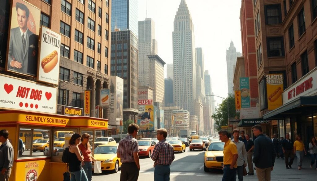 A bustling city street in New York City during the 1990s, capturing the cultural and historical context of the iconic TV series Seinfeld. In the foreground, a group of friends - modeled after the show's main characters - stand around a hot dog vendor, engaged in a lively conversation. The middle ground is filled with period-accurate cars, billboards, and storefronts, offering a glimpse into the vibrant urban landscape that served as the backdrop for the show's quirky adventures. In the background, the towering skyscrapers of Manhattan and the iconic Chrysler Building create a recognizable skyline, evoking the distinct flavor of the city that never sleeps. The lighting is warm and natural, capturing the nostalgia of the era, while the camera angle provides a street-level perspective, immersing the viewer in the world of Seinfeld and its memorable characters.