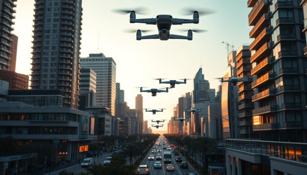A bustling cityscape at dusk, with towering skyscrapers and busy streets. In the foreground, a fleet of drones effortlessly navigate the urban landscape, delivering packages to residential and commercial buildings. The drones, sleek and aerodynamic, glide gracefully through the air, their LED lights casting a soft glow. In the middle ground, pedestrians and vehicles coexist harmoniously, as the drones seamlessly integrate into the fabric of the city. The background is bathed in a warm, golden light, creating a sense of tranquility and progress. The overall scene conveys the practical applications and benefits of drone delivery in various sectors, from efficient logistics to reduced traffic congestion and environmental impact.