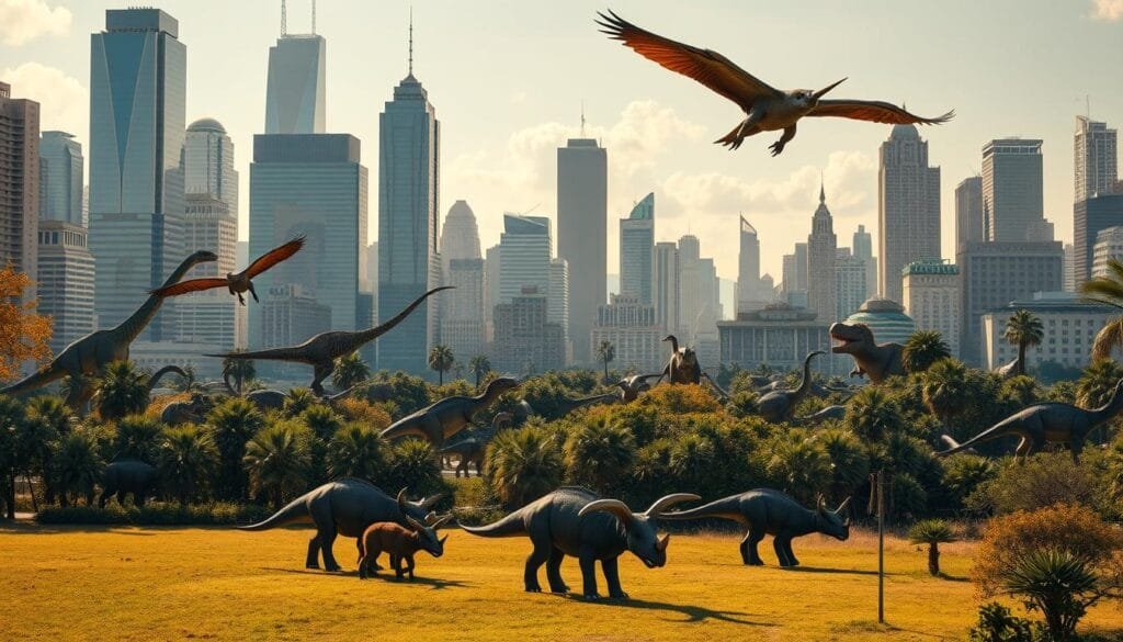 A bustling cityscape where dinosaurs coexist with modern architecture, their towering presence seamlessly integrated into the urban landscape. In the foreground, a family of triceratops graze peacefully on a lush city park, their distinctive horns and frill casting long shadows in the warm afternoon light. In the middle ground, a pteranodon soars gracefully between skyscrapers, its majestic wings casting a gentle breeze below. The background is filled with a diverse array of dinosaur species, from the mighty tyrannosaurus rex to the gentle brontosaurus, all thriving in harmony with human civilization. The scene conveys a sense of wonder and cultural acceptance, where the ancient and the modern have found a delicate balance, hinting at the rich scientific and societal implications of such a coexistence.