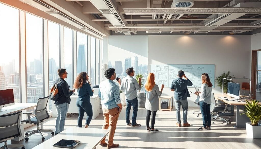 A bustling corporate office, filled with the vibrant energy of innovation. In the foreground, a team of professionals engages in a lively brainstorming session, sketching ideas on a large, interactive whiteboard. The mid-ground features a sleek, modern workspace, with ergonomic furniture and state-of-the-art technology, all bathed in warm, natural lighting. In the background, a panoramic city skyline serves as a backdrop, hinting at the boundless possibilities that lie ahead. The overall atmosphere conveys a sense of collaboration, creativity, and a forward-thinking approach to business strategy.