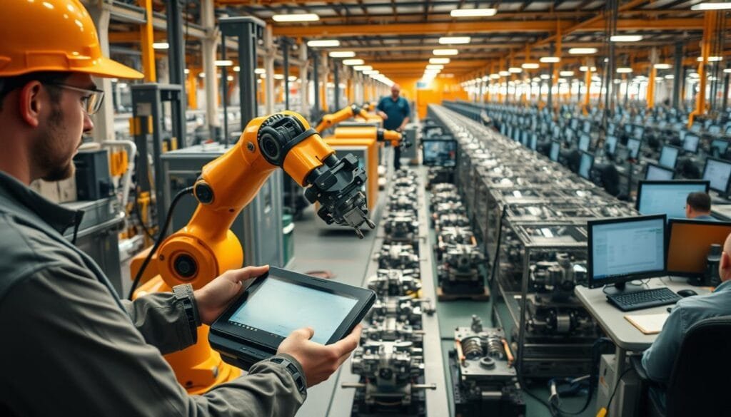 A bustling factory floor, bathed in warm, industrial lighting. In the foreground, a skilled worker operates a touchscreen interface, seamlessly controlling a robotic arm that meticulously assembles intricate mechanical parts. In the middle ground, rows of gleaming, state-of-the-art machinery hum with precision, a testament to the transformation from manual labor to digital control. The background is a panoramic vista of high-tech workstations, where technicians monitor and optimize the production process, their eyes fixed on sleek computer displays. The scene exudes a sense of progress, efficiency, and the empowerment of human capabilities through the integration of advanced digital technologies.
