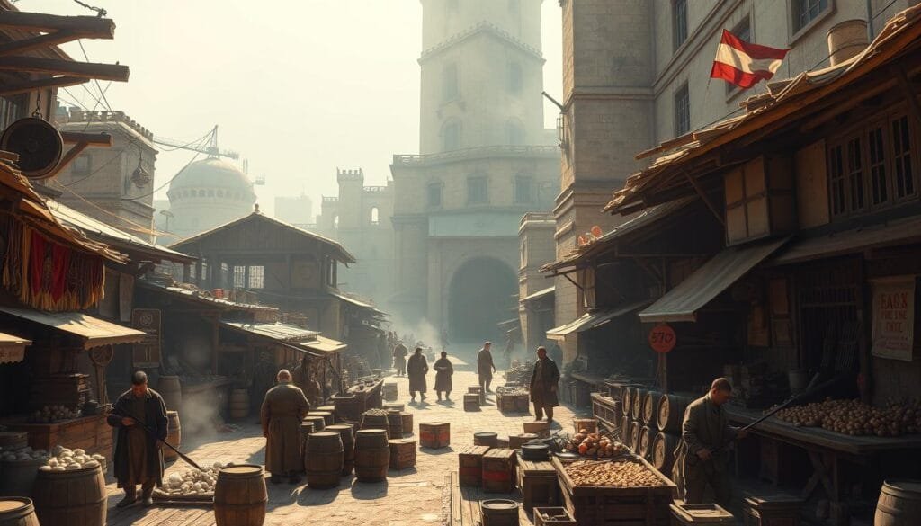A bustling historical trade hub for explosive components, featuring an intricate tapestry of bustling workshops, rickety wooden stalls, and shadowy alleyways. Sunlight filters through a hazy atmosphere, casting warm tones across the scene. In the foreground, merchants barter over barrels of gunpowder and crates of fuses, while in the middle ground, artisans carefully craft specialized tools and machinery. The background is dominated by a towering stone edifice, its weathered facade hinting at the importance of this center of explosive innovation. An air of mystery and industrious activity pervades the scene, evoking a world where the power of explosives has shaped the course of history.