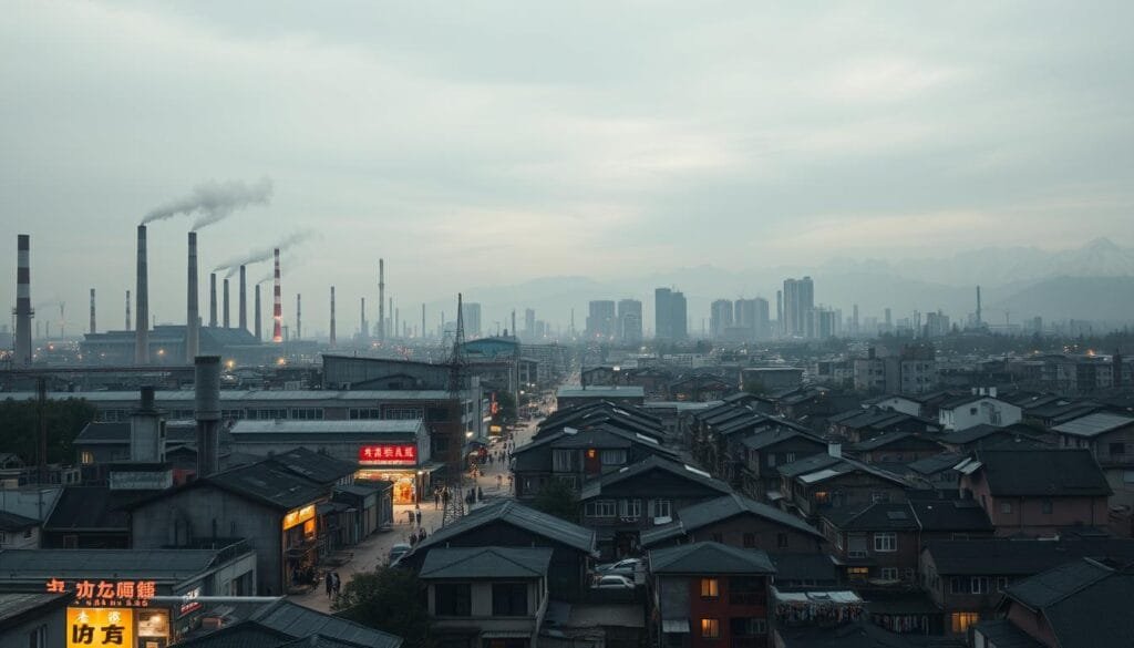 A bustling industrial cityscape in China, with towering smokestacks and factories belching plumes of smoke into a hazy, overcast sky. In the foreground, a thriving commercial district with bustling streets, neon-lit shops, and a mix of traditional and modern architecture. In the middle ground, rows of dense residential housing, with laundry hanging from balconies and people going about their daily lives. In the background, the silhouettes of snow-capped mountains, hinting at the vast and diverse geography of the country. The scene is illuminated by warm, diffused lighting, creating a sense of energy and dynamism, as the transformation of China's economy and society is captured in a single, immersive image.
