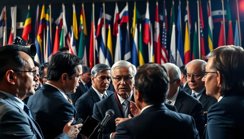 A bustling international scene depicting the global reaction to the conflict between Honduras and El Salvador. In the foreground, a group of diplomats and world leaders engaged in tense discussions, their expressions conveying the gravity of the situation. In the middle ground, news crews capture the unfolding events, cameras and microphones pointed towards the central figures. The background is a collage of national flags, representing the various nations with a stake in the outcome. The lighting is sharp and dramatic, casting deep shadows and highlighting the intensity of the moment. The overall atmosphere is one of high-stakes diplomacy, with an underlying sense of unease and the potential for escalation.
