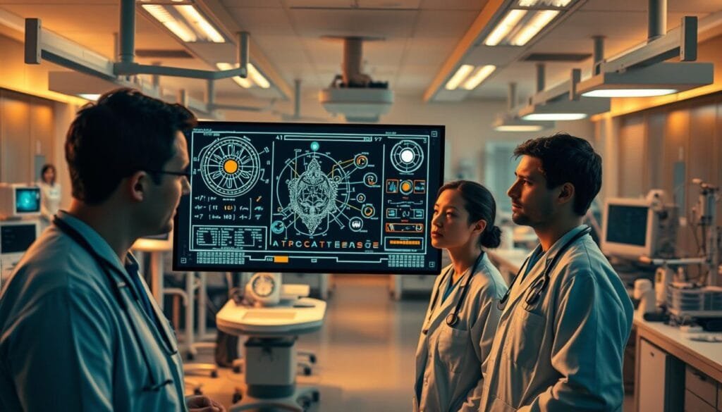 A bustling medical training facility, bathed in warm, ambient lighting. In the foreground, a team of doctors and nurses intently studying a digital display showcasing an intricate medical algorithm. Their expressions convey focus and careful consideration as they navigate the complexities of this AI-powered decision-making tool. The middle ground features various medical equipment and workstations, highlighting the integration of technology in modern healthcare. In the background, a serene, clinical atmosphere with muted colors and clean, minimalist design elements, emphasizing the professionalism and precision of the medical setting. The overall scene conveys the importance of thorough education and training in the responsible use of algorithmic systems for critical medical decisions.
