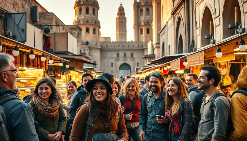 A bustling scene of travelers from around the world, gathered in a vibrant outdoor marketplace. In the foreground, a diverse group of backpackers and adventurers animatedly share their tales, their faces alight with excitement. In the middle ground, colorful stalls offer local crafts, spices, and street food, creating a lively, immersive atmosphere. The background features towering, ancient architecture, hinting at the rich cultural heritage of the location. Warm, golden lighting casts a soft, nostalgic glow, evoking a sense of timeless exploration and the spirit of the global nomad. Captured through a wide-angle lens, this panoramic image conveys the universal language of wanderlust and the universal connections forged between travelers from all walks of life.
