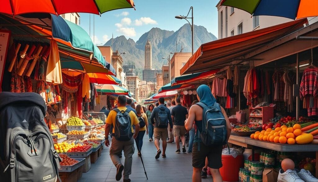 A bustling street market in a vibrant Latin American city, the sunlight casting warm hues across the stalls displaying a kaleidoscope of local handicrafts, fresh produce, and traditional wares. Weathered backpacks and well-worn hiking boots populate the foreground, as budget-conscious travelers navigate the maze of colorful umbrellas and tarps shielding the vendors. In the middle ground, a mix of modern and historical architecture frames the scene, suggesting a blend of old and new. Toward the background, towering mountains rise, hinting at the adventurous journeys that await beyond the urban setting. The overall atmosphere conveys a sense of discovery, cultural immersion, and the thrill of exploring the world on a shoestring budget.