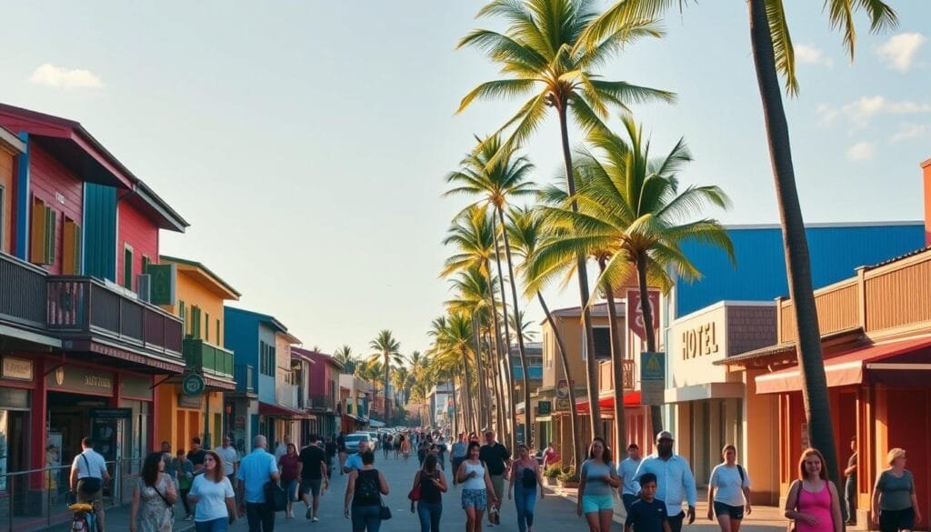 A bustling street scene in Hanga Roa, the vibrant capital of Rapa Nui (Easter Island). In the foreground, colorful buildings housing local businesses and hotels stand tall, their vibrant facades reflecting the island's unique culture. Islanders and tourists alike navigate the lively sidewalks, carrying their belongings and exploring the town's offerings. Towering palm trees sway gently in the background, framing the scene with a tropical ambiance. The lighting is warm and golden, creating a serene and inviting atmosphere, perfect for an unforgettable Rapa Nui adventure.