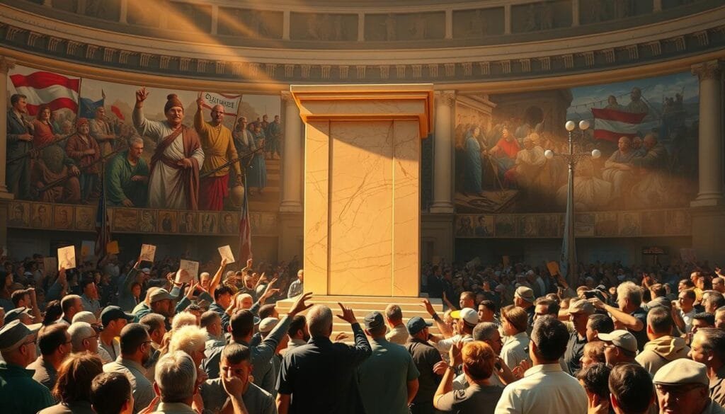 A bustling town square with a towering marble podium at the center, surrounded by passionate crowds debating political and cultural issues. In the foreground, two groups face off, gesticulating animatedly. The background features colorful murals depicting scenes of societal progress and unrest. Warm, golden sunlight filters through the scene, casting dramatic shadows and highlighting the intensity of the discussions. A sense of energy and civic engagement pervades the atmosphere, as citizens grapple with the contrast between political and cultural debates. The composition is balanced, with the podium anchoring the frame and the opposing groups creating a visual tension. An oil painting aesthetic lends a timeless, classical quality to the image.