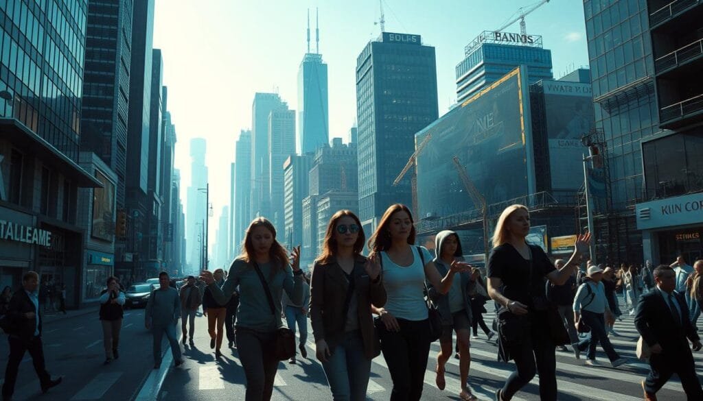 A bustling urban landscape, with towering skyscrapers and bustling streets. In the foreground, a group of people move through the city, their eyes closed as they navigate using a form of echolocation, their hands extended, sensing the world around them. The middle ground reveals the challenges they face - obstacles, construction sites, and other pedestrians who are unaware of their unique abilities. In the background, a futuristic cityscape emerges, hinting at the potential of this newfound sense, and the technological advancements that may arise from it. Dramatic lighting casts long shadows, creating a sense of depth and mystery, while a cool, blue-tinted color palette evokes a sense of the unknown and the extraordinary.