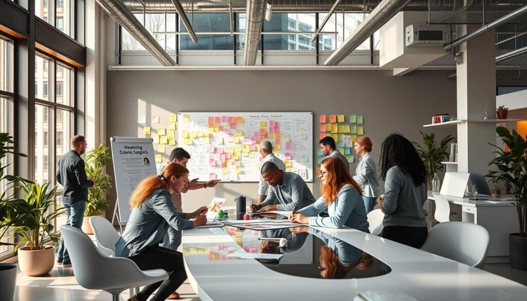 A bustling workspace filled with vibrant energy and innovative ideas. In the foreground, a team of professionals collaborating around a sleek, futuristic table, sketching designs and brainstorming concepts. Soft, natural light filters in through large windows, casting a warm, creative glow. In the middle ground, a towering whiteboard covered in colorful sticky notes and diagrams, a visual representation of the boundless creativity at play. The background features a modern, minimalist office design, with clean lines, bold colors, and cutting-edge technology seamlessly integrated. An atmosphere of boundless innovation, where the next big idea is just around the corner.