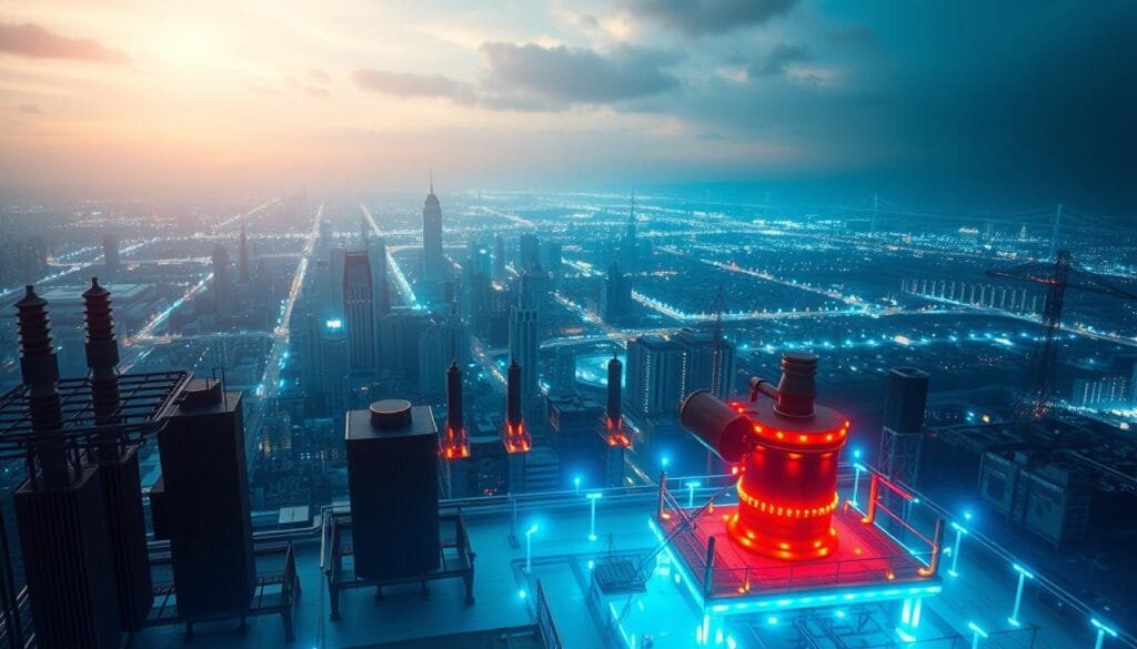 A captivating aerial view of Nikola Tesla's revolutionary electrical power systems and communication technologies. In the foreground, Tesla's iconic high-voltage transformers and wireless transmitters radiate an ethereal, blue-hued energy. The middle ground depicts a bustling cityscape, its skyscrapers and infrastructure illuminated by the innovative power solutions Tesla pioneered. The background features a vast, glowing electrical grid spanning the horizon, symbolizing the far-reaching impact of his visionary ideas. Dramatic, cinematic lighting casts dramatic shadows, enhancing the sense of technological grandeur. The scene conveys Tesla's enduring legacy as a true pioneer, whose boundless creativity and scientific genius transformed the modern world.