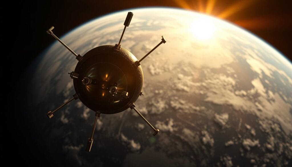 A captivating aerial view of the first artificial satellite, "Sputnik 1", gracefully orbiting the Earth. The sleek, metallic sphere with four gleaming antennas shines in the warm glow of the sun, casting a soft shadow on the planet below. The image conveys a sense of technological triumph and the dawn of a new era in space exploration. The composition is balanced, with the satellite in the foreground, the Earth's curvature in the middle ground, and the vast, inky blackness of space in the background, creating a sense of depth and scale. The lighting is dramatic, with highlights and shadows accentuating the satellite's intricate details, evoking a mood of wonder and scientific achievement.