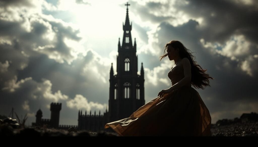 A captivating diorama depicting the trope of the Damsel in Distress, set against a cinematic backdrop. In the foreground, a young woman in a flowing gown struggles against unseen forces, her expression one of fear and vulnerability. The middle ground features a towering, ominous structure, its gothic architecture casting long shadows that envelop the scene. In the background, a brooding sky filled with swirling clouds and dramatic lighting, creating a sense of impending doom. The entire composition evokes a sense of classic Hollywood drama, with a masterful use of chiaroscuro lighting and dramatic angles to heighten the sense of peril and emotional intensity.