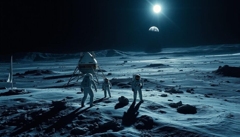 A captivating moonscape, bathed in the ethereal glow of lunar illumination. In the foreground, a team of astronauts in sleek, pressurized suits, meticulously conducting experiments on the lunar surface, their movements graceful and deliberate. In the middle ground, a majestic lunar module stands sentinel, its sleek design a testament to human ingenuity. The background is a tapestry of craters, peaks, and valleys, the stark, monochromatic landscape punctuated by the distant, shimmering Earth, a reminder of the vast chasm between this alien world and the familiar home planet. The scene conveys a sense of wonder, discovery, and the relentless human pursuit of knowledge, capturing the essence of historic lunar explorations.