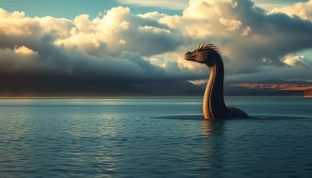 A captivating scene depicting the legendary Loch Ness Monster, set against the backdrop of the serene and picturesque Scottish highlands. In the foreground, a massive, serpentine creature emerges from the still, deep-green waters of the loch, its long neck and horned head breaking the surface as it surveys the surrounding landscape. Billowing clouds of mist and fog shroud the distant shoreline, creating an air of mystery and the unknown. The lighting is dramatic, with a warm, golden glow illuminating the scene from a low angle, casting long shadows and highlighting the creature's imposing form. The overall atmosphere is one of awe, wonder, and the enduring power of myth and legend.