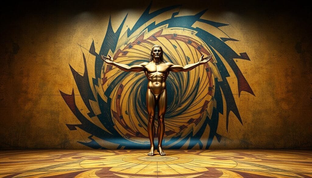 A captivating scene of Renaissance creativity and modern technology. In the foreground, a lifelike rendering of Leonardo da Vinci's iconic Vitruvian Man diagram, rendered in sleek, metallic hues. Behind it, a swirling vortex of abstract, geometric shapes and patterns, evoking the futuristic energy of cutting-edge AI and digital design. The background is a rich, textured canvas of warm, earthy tones, evoking the timeless artistry of the Renaissance. Dramatic lighting casts dramatic shadows, creating a sense of depth and drama. The overall atmosphere is one of harmonious synthesis between the timeless and the cutting-edge, a seamless blend of past and present.