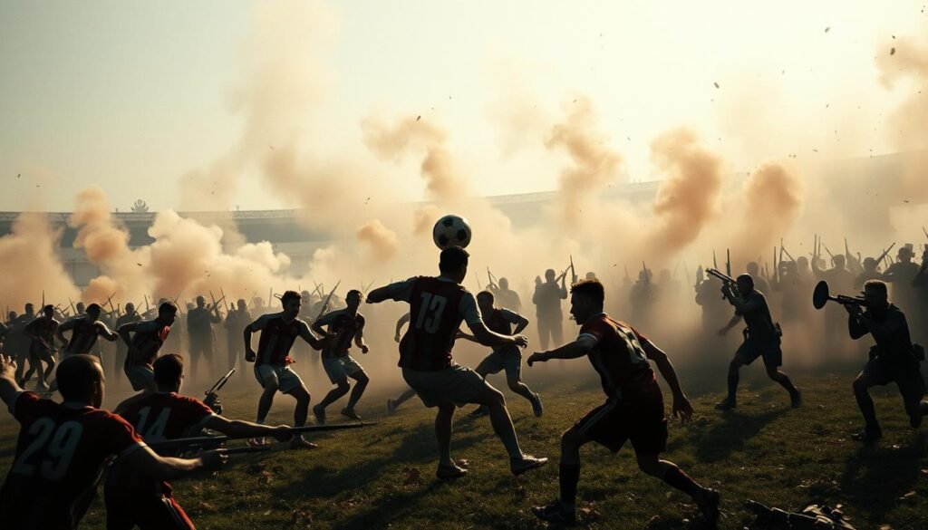 A chaotic battlefield where the lines between reality and myth blur, a soccer ball soaring amidst the chaos. In the foreground, players in jerseys clash, their movements frozen in a dance of aggression. The middle ground erupts with plumes of smoke and the silhouettes of soldiers, their weapons raised. In the distance, the hazy outline of a stadium looms, a testament to the passions that drove this conflict. The lighting is harsh, casting deep shadows and highlighting the intensity of the scene. The camera angles shift, capturing the action from various perspectives, creating a sense of disorientation and the surreal nature of this "soccer war". The mood is one of tension, violence, and the blurring of the boundaries between sport and armed conflict.