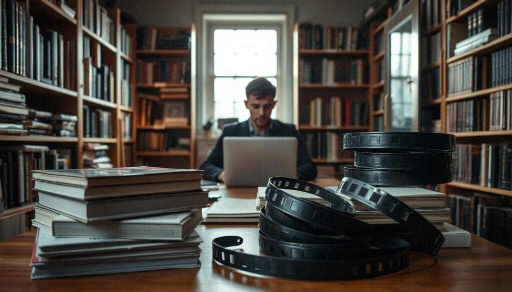A cinematic analysis process unfolds in a well-lit, modern study. In the foreground, a stack of books and film reels sit atop a wooden desk, representing the source materials being examined. In the middle ground, a person sits at the desk, intensely focused on a laptop screen, deep in contemplation. Shelves of film canisters and academic tomes line the walls in the background, creating a scholarly, intellectual atmosphere. Soft, directional lighting from a window casts a warm glow, heightening the pensive mood. The entire scene conveys a sense of meticulous, intellectual inquiry into the relationships between literary and cinematic forms.