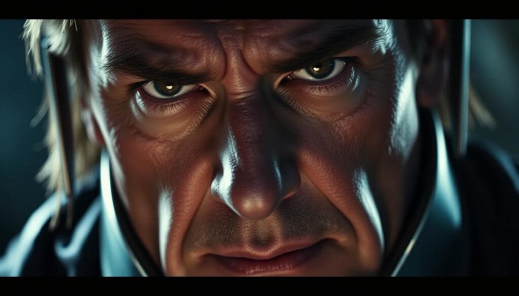 A cinematic close-up of Magneto, the iconic X-Men villain, portrayed by a skilled actor in a dramatic performance. The shot captures the intensity of his gaze, the creases in his brow, and the conflicted emotions flickering across his weathered face. Dramatic low-key lighting casts deep shadows, emphasizing the character's brooding nature and the weight of his ideological convictions. The camera angle is tilted upwards, lending a sense of power and authority to Magneto's presence. The background is softly blurred, keeping the focus squarely on the central figure and his multifaceted interpretation from comic book to silver screen.