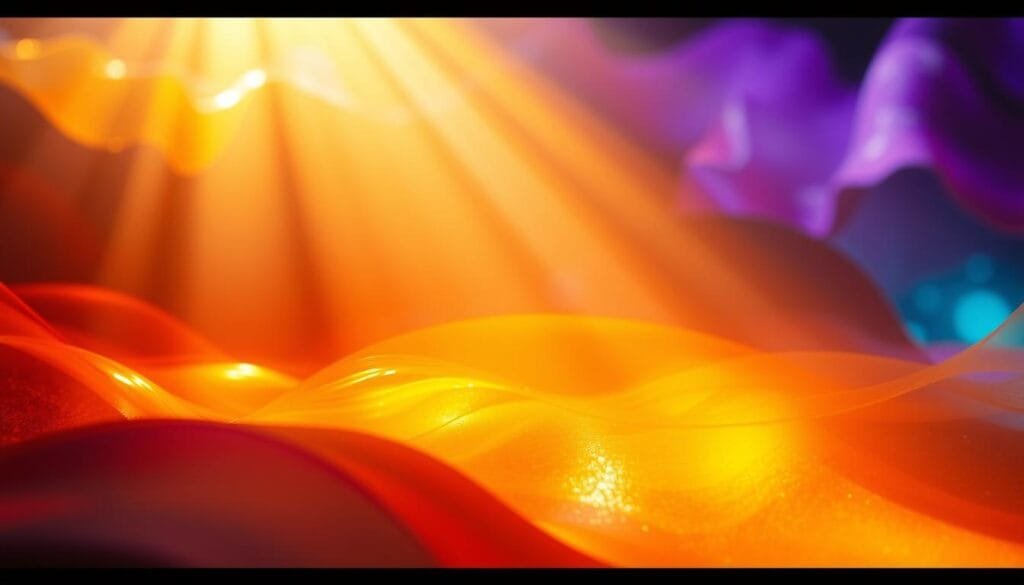 A cinematic color psychology scene: dramatic lighting cascades across a captivating abstract composition. Warm hues of orange and yellow radiate from the foreground, evoking feelings of energy and optimism. Cooler tones of blue and purple in the background create a sense of introspection and tranquility. Subtle textures and fluid shapes guide the viewer's eye, reflecting the emotive power of color on the human psyche. A wide angle lens captures the scene with a cinematic depth of field, immersing the observer in this evocative chromatic exploration.