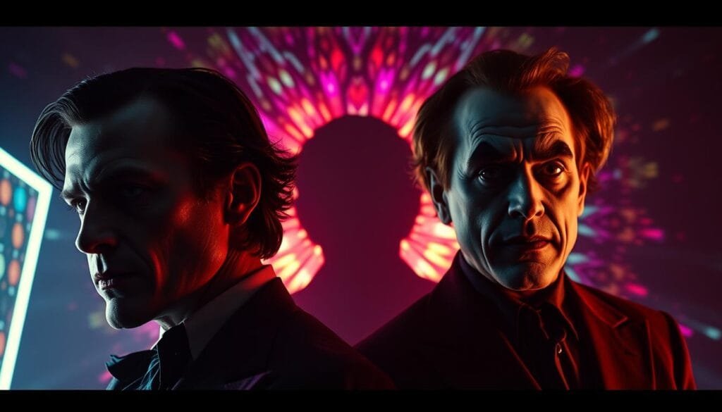 A cinematic comparison of the Joker's on-screen interpretations. In the foreground, two contrasting half-bust portraits of the character - one with Heath Ledger's intense, unhinged gaze, the other with a more calculating, cerebral Jack Nicholson. In the middle ground, a shadowy outline of the Joker's iconic silhouette, suggesting the duality and evolution of the role. The background is a kaleidoscopic swirl of neon colors and distorted textures, evoking the chaotic, unsettling nature of the Joker's psyche. Dramatic chiaroscuro lighting casts dramatic shadows, emphasizing the mercurial nature of this cinematic villain. Captured with a wide-angle lens to create a sense of immersion and psychological depth.