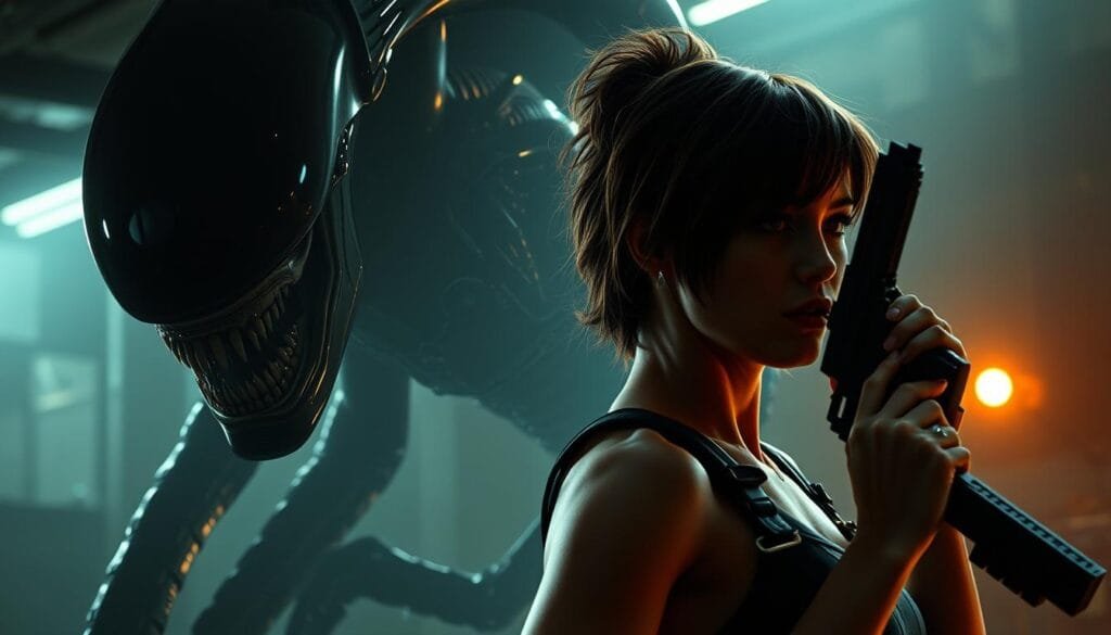 A cinematic, high-resolution digital illustration of an AI-driven analysis of the iconic action heroines Ellen Ripley from Alien and Sarah Connor from Terminator. The scene depicts the two women in a dramatic, high-contrast lighting, with Ripley in the foreground surrounded by the menacing silhouette of the Xenomorph alien, and Connor in the background wielding a futuristic weapon, set against a gritty, industrial backdrop. The composition conveys a sense of tension, power, and the eternal struggle between humanity and the forces that threaten it.