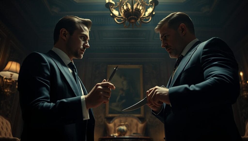 A cinematic low-angle shot of two sharply-dressed men facing off in an opulent, dimly-lit study. The first man, with piercing eyes and a calculated expression, holds a scalpel delicately between his fingers. The second man, intense and focused, grips a serrated hunting knife, his stance poised for action. The ambient lighting casts dramatic shadows, heightening the sense of danger and the impending clash of these two brilliant, ruthless minds. The room is filled with the weight of their silent confrontation, each man sizing up the other, ready to outmaneuver and outthink their adversary in a battle of wits and skill.