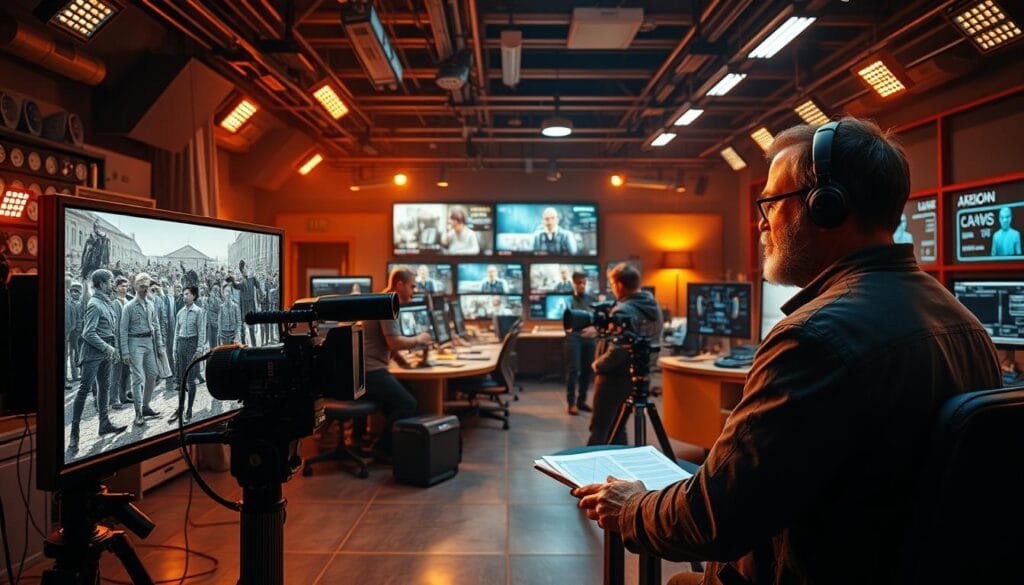 A cinematic production studio filled with the latest AI-powered tools and technologies. In the foreground, a director and cinematographer review camera footage on a high-resolution display, analyzing intricate historical details for authenticity. In the middle ground, 3D animators refine CGI characters, seamlessly blending them with live-action scenes. The background reveals a control room bustling with data analysts monitoring real-time feedback, optimizing every aspect of the filmmaking process. Warm studio lighting casts a professional, high-tech atmosphere, while the overall composition conveys the intersection of artistic vision and algorithmic precision that defines the future of cinematic production.