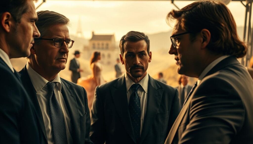 A cinematic scene depicting the blending of business and reality in the Hollywood film industry. In the foreground, a group of suited business executives are engaged in intense discussions, their expressions serious and focused. In the middle ground, a classic Hollywood movie set is visible, with actors in period costumes performing against a carefully crafted backdrop. The background is a hazy, dreamlike landscape, suggesting the interplay between the real and the imagined. Warm, golden lighting casts a sense of nostalgia and grandeur, while a shallow depth of field emphasizes the fusion of the corporate and the creative. The overall atmosphere evokes the powerful influence of the movie industry on the world of business and the ways in which the two realms have become inextricably linked.