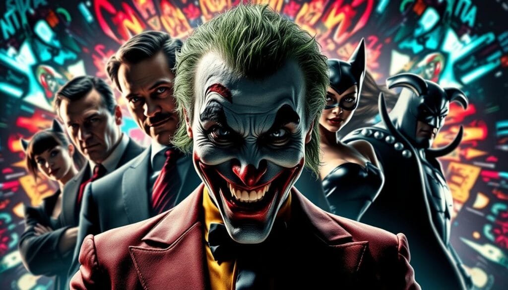 A cinematic scene of DC supervillains, bathed in dramatic lighting and dynamic camera angles, showcasing their iconic personas and influence on pop culture. In the foreground, a menacing Joker, his manic grin and piercing eyes captivating the viewer. Surrounding him, the sinister Lex Luthor, Catwoman's sultry feline grace, the brooding Riddler, and the hulking Bane, each radiating their unique brand of villainy. The background is a kaleidoscope of vivid comic book-inspired visuals, with bold colors and dynamic shapes, capturing the characters' larger-than-life presence in the cinematic landscape. The overall mood is one of tension, danger, and the enduring fascination with these iconic antagonists.