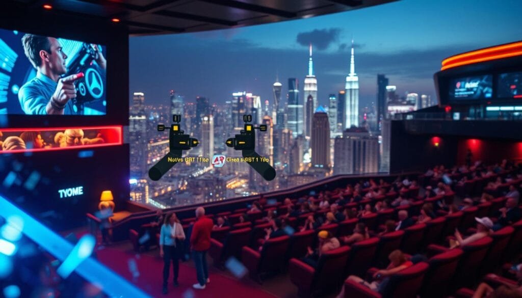 A cinematic scene of augmented reality in the foreground, with a futuristic movie theater auditorium in the middle ground, and a backdrop of a bustling city skyline at night. The AR experience immerses the viewer, with holographic elements and digital overlays enhancing the on-screen action. Vibrant colors, dynamic lighting, and a sense of technological wonder permeate the image. The scene conveys the excitement and potential of blending cinematic storytelling with immersive, next-generation visual technology.