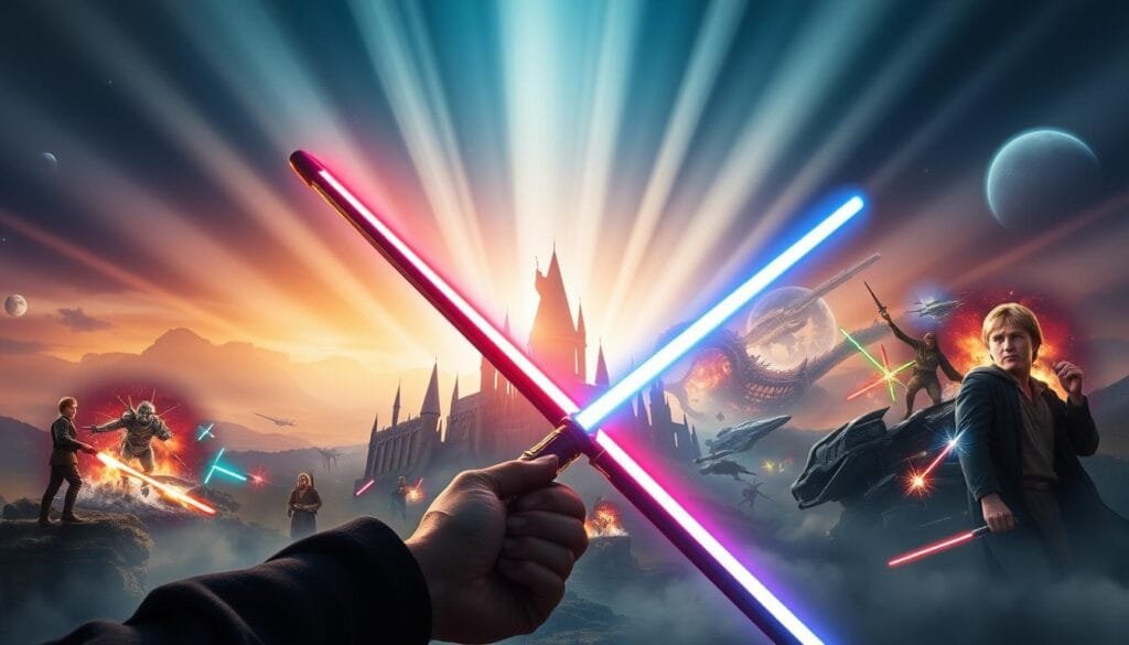 A cinematic still depicting the cultural impact and enduring legacy of the iconic Harry Potter and Star Wars franchises. In the foreground, a mystical wizard's wand and a futuristic lightsaber cross paths, symbolizing the merging of magic and technology. The middle ground features vibrant imagery from both sagas - Hogwarts castle, Jedi temples, fantastical creatures, and spaceships. The background is a stunning, ethereal landscape, casting an otherworldly glow over the scene. The lighting is dramatic, with shafts of light piercing through an atmospheric haze. The overall tone is one of wonder, nostalgia, and the timeless power of storytelling to transcend boundaries and captivate generations.