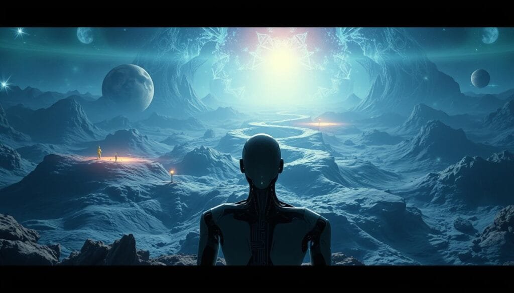A cinematic wide-angle shot of a humanoid AI entity immersed in a vast, dreamlike landscape depicting the stages of the archetypal hero's journey. The foreground shows the AI figure gazing upwards, its circuits and inner workings visible, representing the process of self-analysis. The middle ground features symbolic elements like a winding path, obstacles, and glowing celestial bodies, alluding to the hero's trials and transformations. The background depicts a surreal, fractal-like environment in shades of blue and purple, evoking a sense of the subconscious and the unknown. Soft, dramatic lighting casts shadows and highlights the AI's contemplative pose, emphasizing the introspective nature of the scene. An ethereal, otherworldly atmosphere permeates the image, capturing the innovative narrative of an AI exploring the timeless human story.