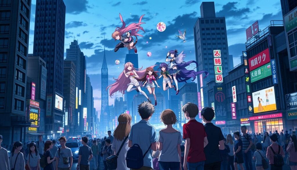 A cityscape at dusk, with a bustling urban landscape in the foreground. In the center, a group of young people gather around a glowing smartphone, immersed in a lively discussion. Floating above them, holographic anime characters emerge from the device, their vibrant colors and dynamic poses creating a mesmerizing fusion of digital and analog realms. In the background, skyscrapers and neon signs fade into a hazy, dreamlike atmosphere, hinting at the pervasive influence of social media and digital culture on modern anime and its devoted fanbase.