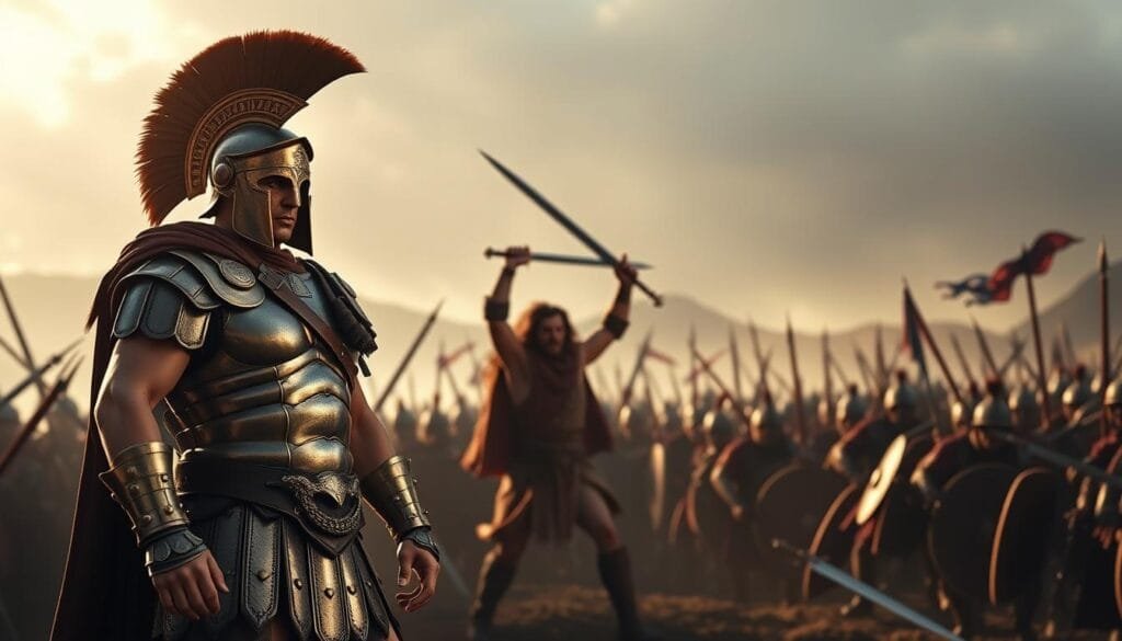 A clash of legendary warriors, their epic battle immortalized. In the foreground, the mighty Spartan king Leonidas stands resolute, his bronze armor gleaming in the sunlight. Behind him, the fierce Scottish freedom fighter William Wallace charges forward, broadsword raised high. In the middle ground, the silhouettes of their armies clash, a turbulent sea of steel and fury. The background fades to a hazy, atmospheric scene, mountains and clouded skies creating a sense of grandeur and destiny. Dramatic lighting casts dramatic shadows, the tension palpable. This is a confrontation of titans, a clash of titans that will decide the course of history.