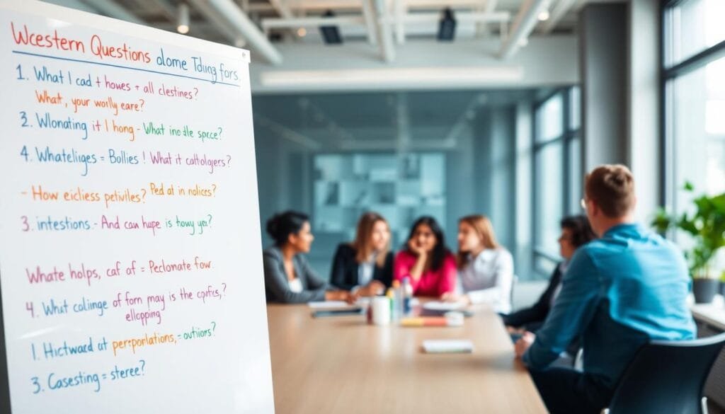 A clean, modern office space with a large whiteboard in the foreground, showcasing a collection of handwritten questions in various colors of dry-erase markers. The middle ground features a group of diverse business professionals seated around a conference table, engaged in a lively discussion. The background is softly blurred, emphasizing the focus on the interactive questions and the collaborative atmosphere. The lighting is bright and natural, creating a sense of openness and transparency. The overall scene conveys a welcoming, team-oriented environment conducive to professional icebreaker activities.