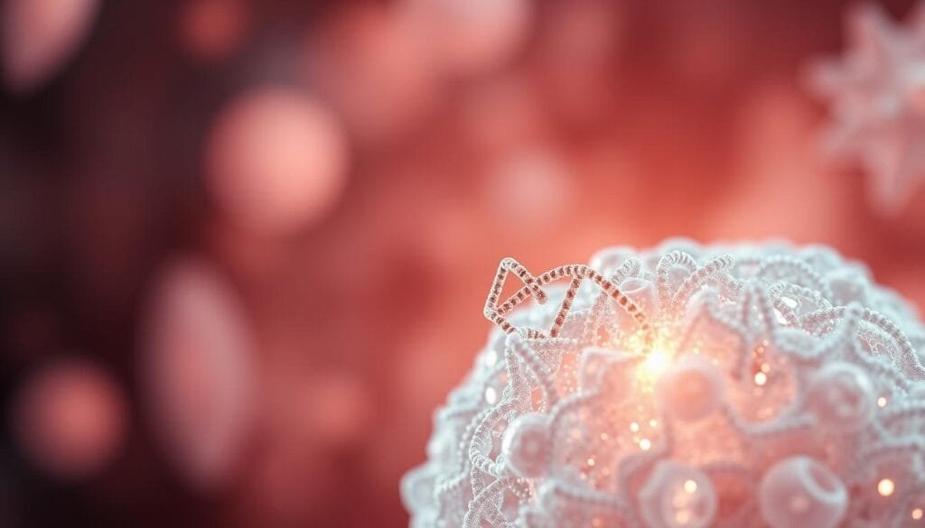 A clinical case study of genetic editing, featuring a detailed close-up view of a human cell undergoing CRISPR-based gene modification. The scene is illuminated by a soft, diffused light that highlights the intricate cellular structures and the delicate precision of the genetic editing process. The middle ground focuses on the nucleic acid strands being selectively targeted and altered, while the background blurs into a abstract, almost futuristic landscape suggestive of the wider medical and scientific implications. The overall mood is one of scientific wonder and the promise of new frontiers in human health and treatment.