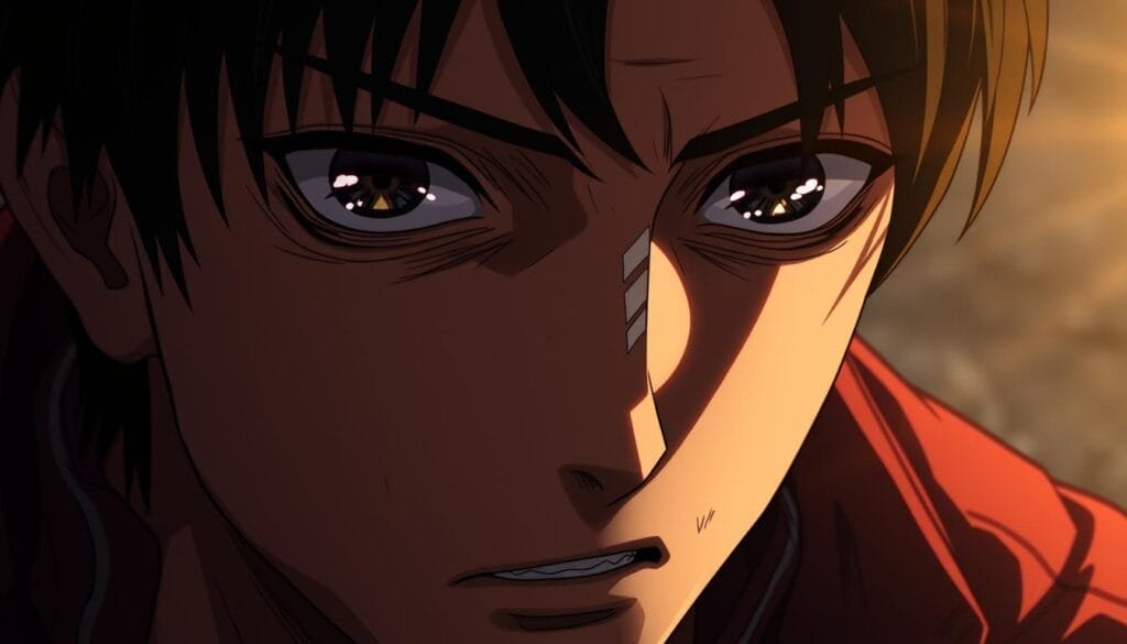 A close-up portrait of Eren Jaeger, the complex and tormented protagonist of the anime/manga series Attack on Titan. Rendered in a cinematic, painterly style with dramatic lighting and a moody, introspective atmosphere. Eren's intense, piercing gaze dominates the frame, conveying a sense of his internal turmoil and the weight of his burdens. The details of his face are sharply defined, highlighting his chiseled features and the anguish etched into his expression. The background is softly blurred, placing the focus entirely on Eren's powerful, emotive visage as he wrestles with the moral dilemmas that drive his actions.