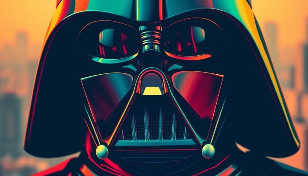 A close-up portrait of the iconic Darth Vader mask, with a chromatic, pop art-inspired treatment. The mask is rendered in bold, vibrant colors, with a retro, comic book-style aesthetic. The lighting is dramatic, casting deep shadows and highlights that accentuate the angular, mechanical features of the mask. The background is a blurred, hazy cityscape, suggesting the bustling, technologically advanced world of the Star Wars universe. The overall effect is a striking, visually arresting interpretation of Darth Vader's instantly recognizable persona, capturing the character's powerful presence and enduring cultural significance.
