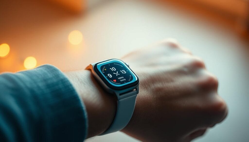 A close-up view of a person's wrist, showcasing a sleek, minimalist smartwatch with a clean, modern design. The watch face displays various health metrics, including heart rate, step count, and sleep tracking data. The background is a soft, neutral tone, allowing the smartwatch to be the focal point. Warm, diffused lighting gently illuminates the scene, creating a calm and inviting atmosphere. The composition emphasizes the symbiotic relationship between technology and human wellbeing, reflecting the future of intelligent fashion as a tool for personal health monitoring and optimization.