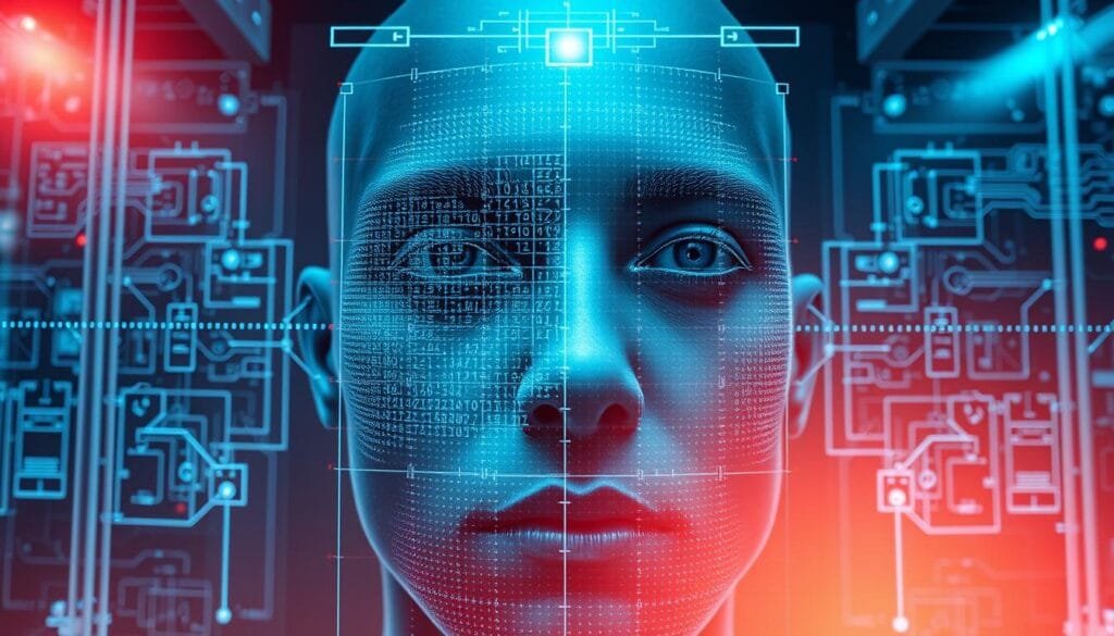 A close-up view of facial recognition technology in action. Detailed, high-resolution image showcasing the intricate system of sensors, cameras, and algorithms that analyze facial features and patterns. The foreground depicts a face being scanned, with a grid of data points mapping the contours and unique identifying characteristics. In the middle ground, complex neural networks and data processing units visualize the analysis in real-time. The background features a sleek, minimalist design with subtle futuristic elements, conveying the advanced, sophisticated nature of this biometric security system. Dramatic lighting highlights the technological precision, with a cool, clinical tone that emphasizes the cutting-edge nature of this facial recognition system.
