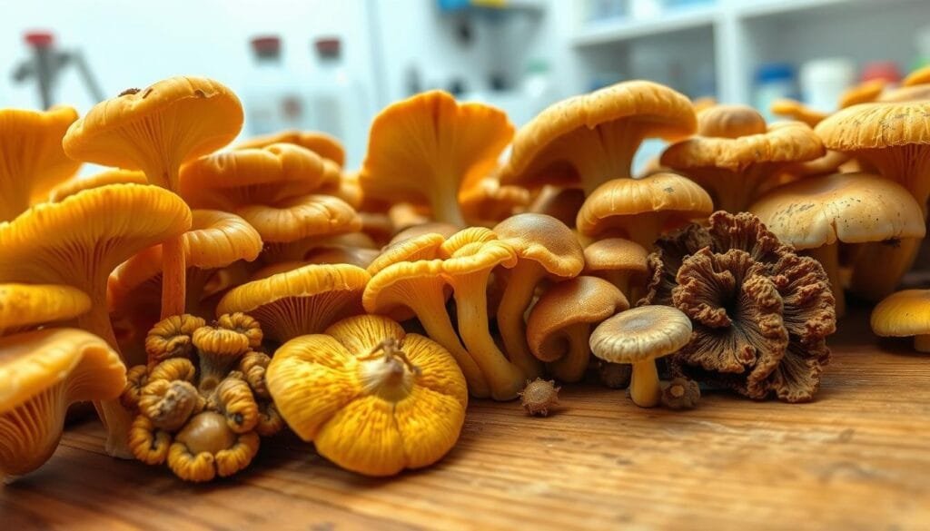 A close-up view of medicinal mushrooms, specifically Cordyceps, on a wooden surface. The fungi are displayed in an organized arrangement, showcasing their unique and diverse morphologies. The lighting is soft and natural, highlighting the intricate textures and vibrant colors of the Cordyceps, ranging from golden-brown to deep earthy tones. In the background, a clean, minimalist laboratory setting suggests the scientific and medical applications of these remarkable organisms. The overall composition conveys a sense of reverence and curiosity towards the wonders of nature and the potential for these fungi to contribute to human health and well-being.