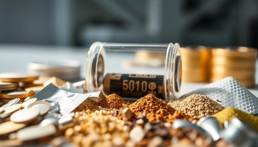 A close-up view of various materials and components used as alternatives to gold in modern battery technology. In the foreground, a collection of metal foils, powders, and composite materials arranged in an organized, almost artistic display. The middle ground reveals a transparent housing or casing, showcasing the intricate inner workings and circuitry of a battery. The background is softly blurred, hinting at a clean, well-lit laboratory or research facility setting. The lighting is natural and diffused, highlighting the textures and details of the materials. The overall mood is one of scientific curiosity and technological innovation, inviting the viewer to explore the advancements in sustainable, long-lasting battery alternatives.