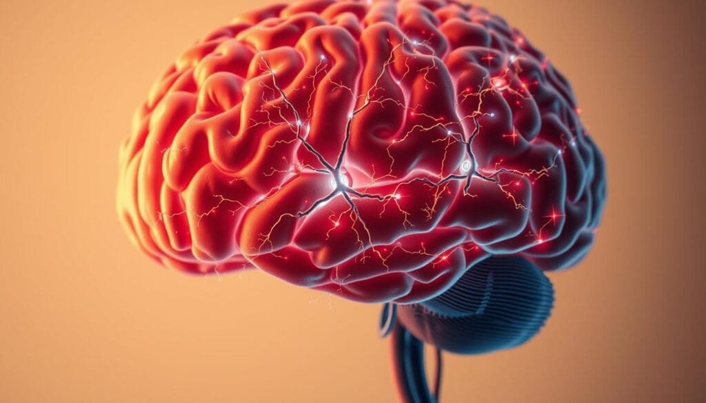 A closeup view of a human brain with a vibrant neural network pulsing with electric signals, conveying the complex processes underlying mental health. The brain is rendered in a detailed, anatomical style, with a warm color palette and soft, diffuse lighting that creates a contemplative, introspective atmosphere. The background is minimalist, allowing the brain to be the central focus, symbolizing the importance of understanding the link between brain function and mental well-being.