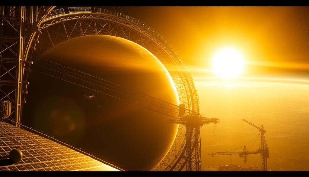 A colossal Dyson sphere surrounding a luminous sun, partially obscured by an intricate lattice of metallic structures and energy conduits. The foreground features a dramatic interplay of light and shadow, with gleaming solar panels capturing the sun's radiant energy. In the middle ground, towering gantries and robotic assembly lines hint at the immense engineering feats required to construct this megastructure. The background fades into a cosmic expanse, dotted with distant stars and the faint silhouettes of other celestial bodies, conveying the grandeur and scale of this ambitious concept. Bathed in a warm, golden glow, the scene evokes a sense of technological wonder and humanity's boundless ambition to harness the power of our host star.