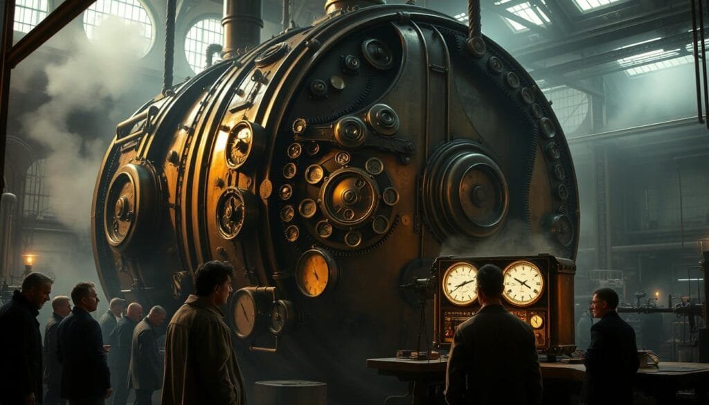 A colossal, bronze-clad machine dominating a dimly lit, steam-filled workshop. Intricate gears and dials cover its surface, casting an eerie glow upon the shadowy figures gathered around it. In the foreground, a lone scientist in a weathered lab coat peers intently at a series of complex readouts, lost in thought. Beyond, a hazy backdrop of industrial equipment and half-completed inventions, hinting at the feverish experiments taking place. An atmosphere of mystery and anticipation permeates the scene, as if the machine itself holds the key to unlocking the secrets of time travel.